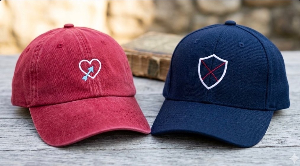 Two baseball caps rest on a weathered wooden surface with a stone wall backdrop. The left cap is red with a white embroidered heart and arrow design. The right cap is navy blue featuring a white shield emblem with crossed elements. Both are six-panel adjustable caps displayed outdoors.